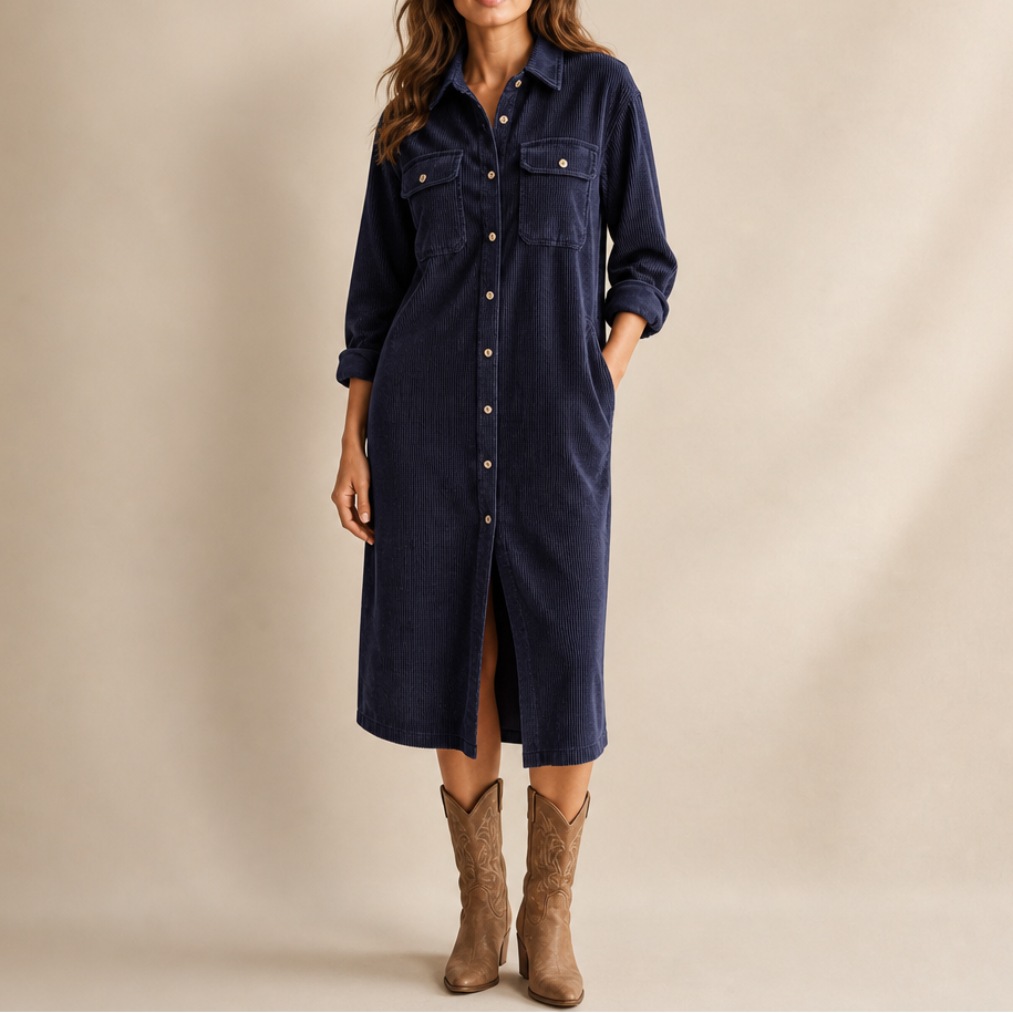 Corvella – Ribbed Corduroy Button-Front Shirt Dress