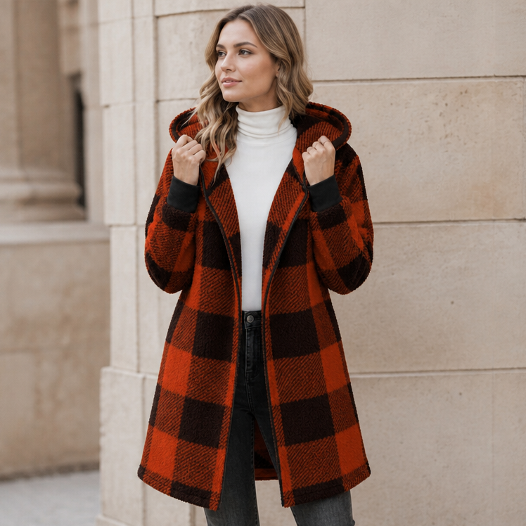 Plaidelle – Oversized Plaid Hooded Fleece-Look Cardigan