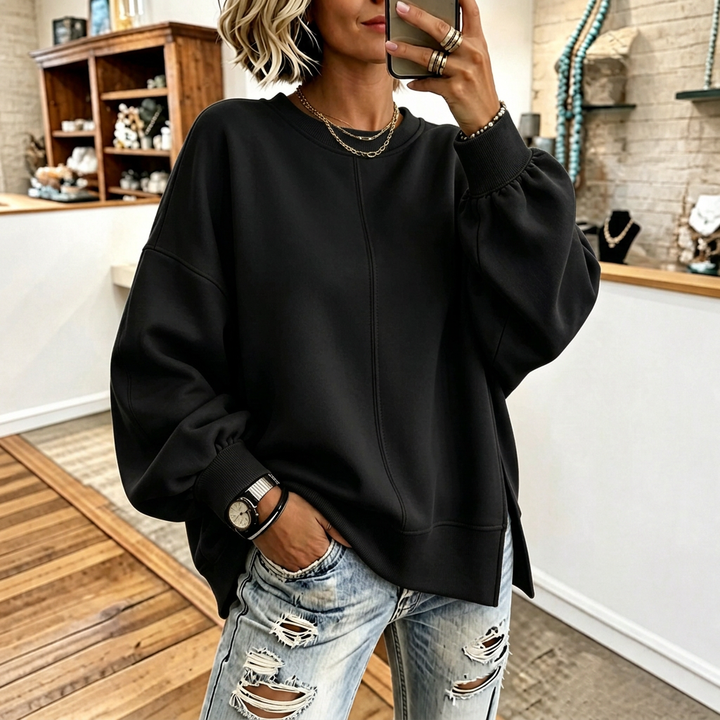 Verdant Ease – Drop Shoulder Side-Slit Sweatshirt