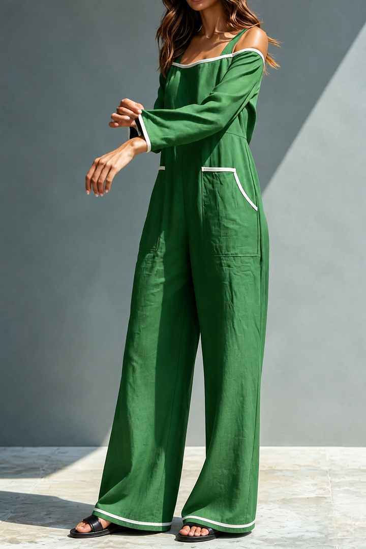 Shouldera – Off-Shoulder Contrast Trim Wide-Leg Jumpsuit