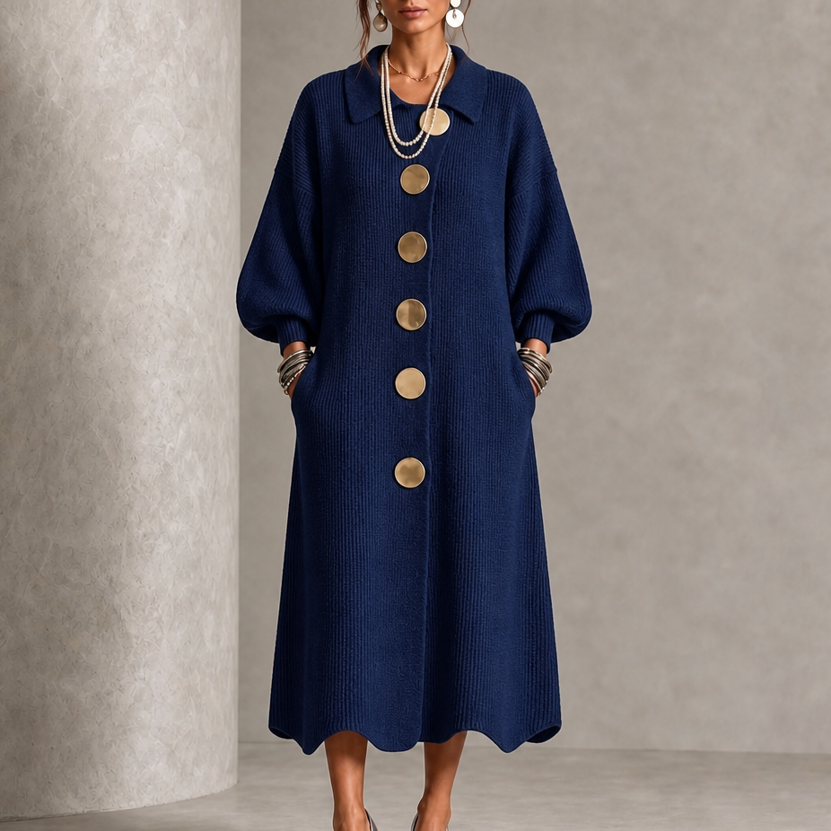 Vivelyn – Gold Button Ribbed Lantern Sleeve Maxi Dress