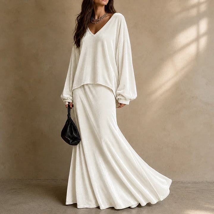 Veloura – Relaxed Velvet Top And Flared Maxi Skirt Set