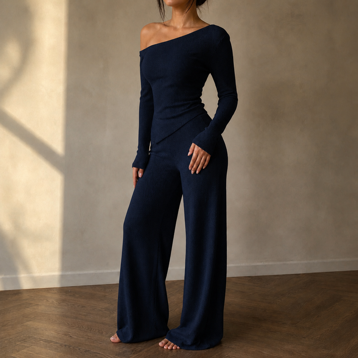 Veloura – Off-Shoulder Long-Sleeve Wide-Leg Pants Set