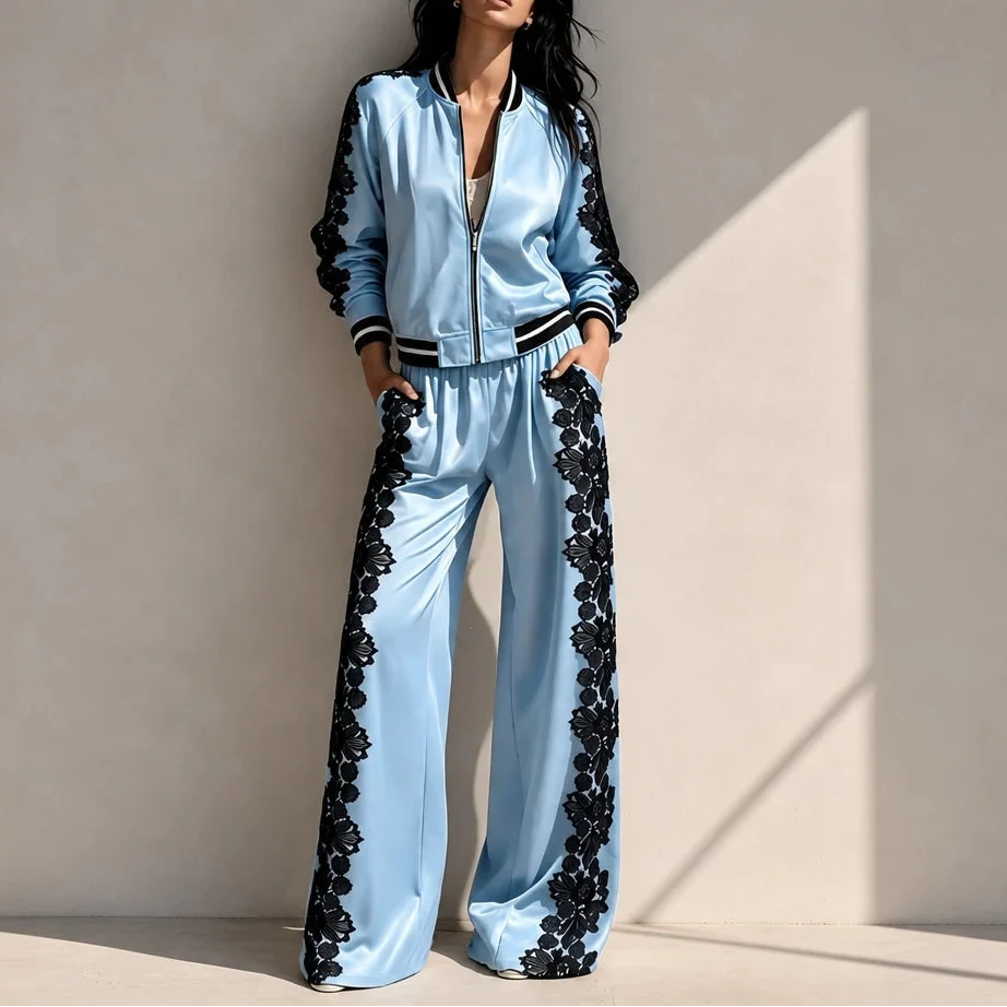 Lace & Leisure – Floral Lace Panel Track Jacket And Wide-Leg Pants Set