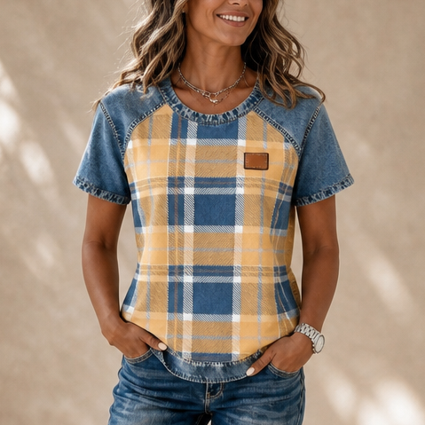 Denimelle – Denim-Look Yoke Ribbed Color-Block Top