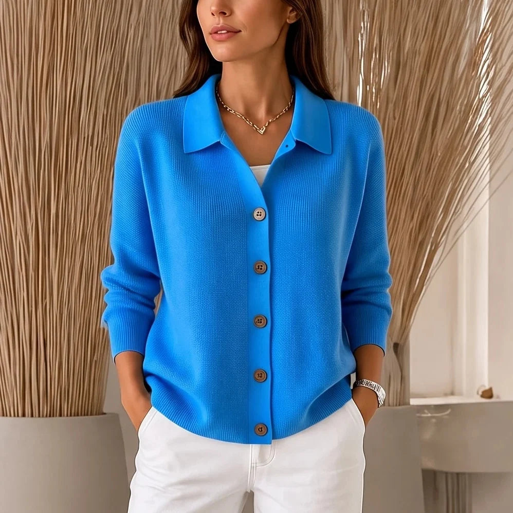 Collara – Turn-Down Collar Contrast-Button Knit Cardigan