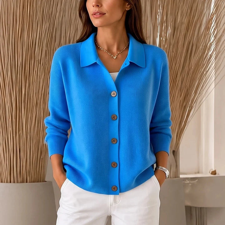 Collara – Turn-Down Collar Contrast-Button Knit Cardigan