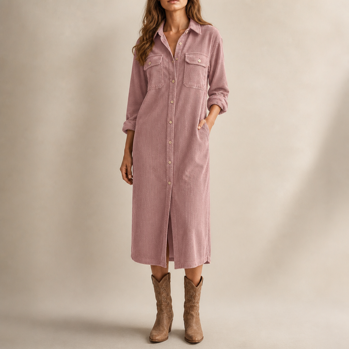 Corvella – Ribbed Corduroy Button-Front Shirt Dress