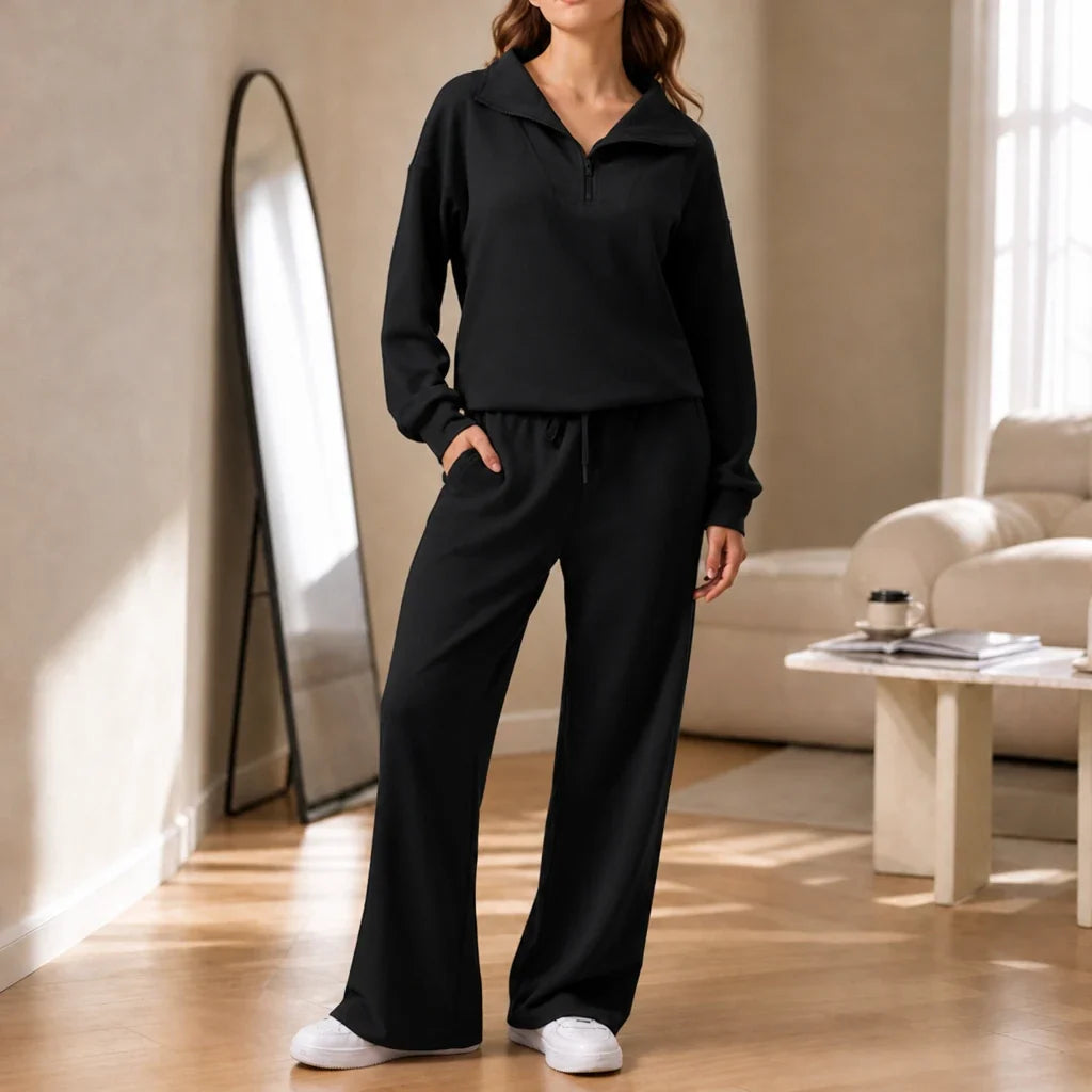 Veya – Quarter-Zip Stand-Collar Blouse And Wide-Leg Trouser Set