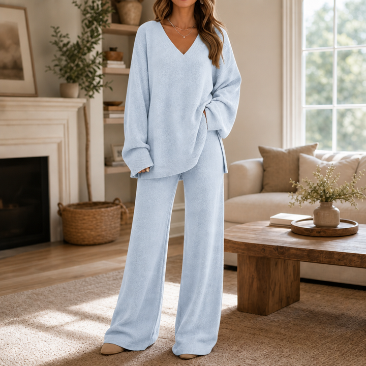 Vellora – V-Neck Knit Sweater And Wide-Leg Trouser Set