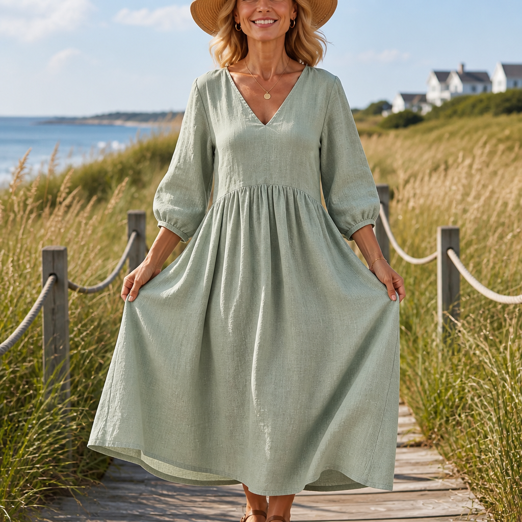 Linenova – Pleated V-Neck Cotton-Linen Look Maxi Dress