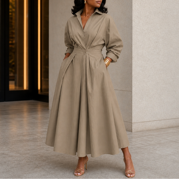 Everly Midi – Belted Long-Sleeve Collared Midi Dress