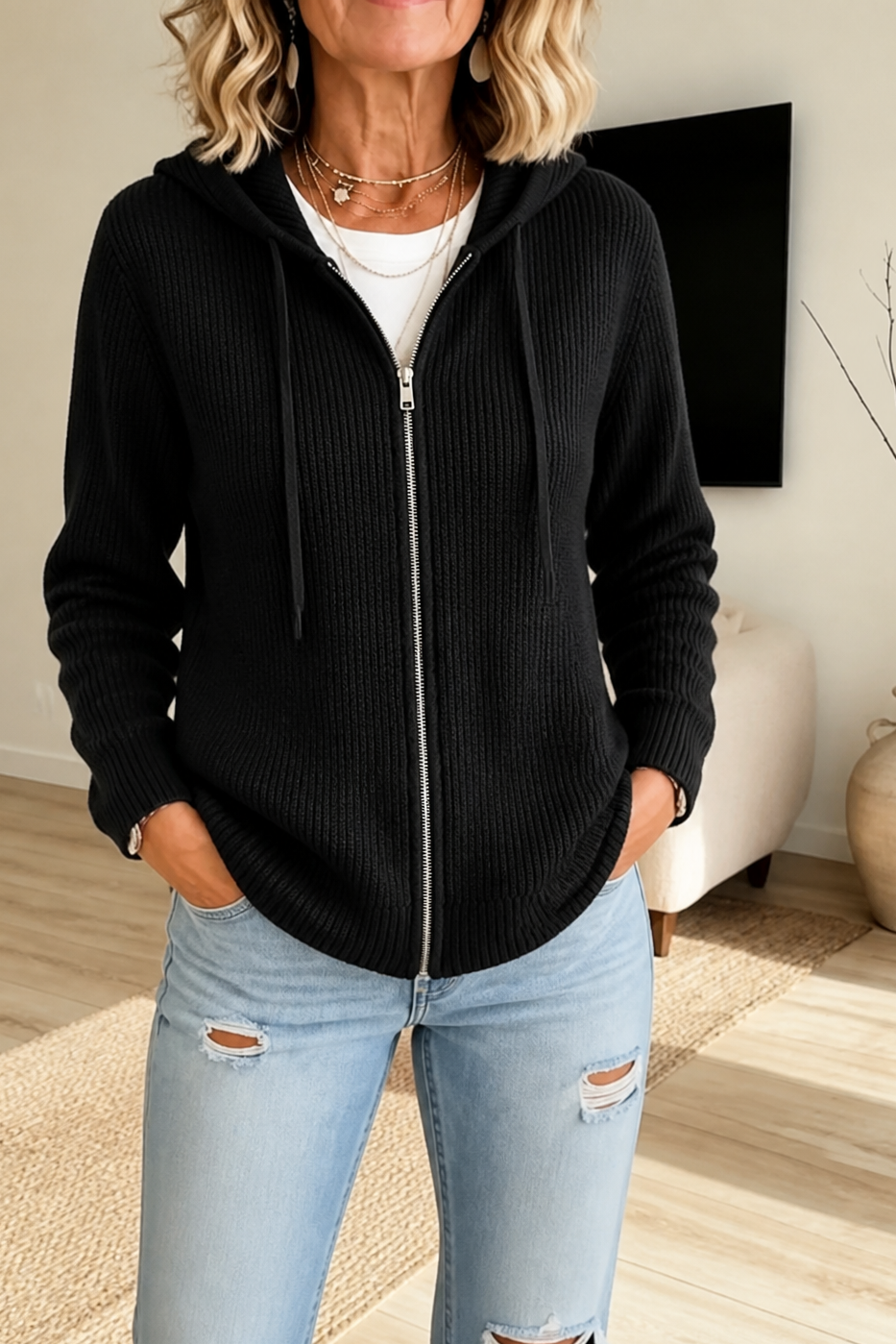 Stripevie – Ribbed Stretch-Knit Zip-Up Cardigan