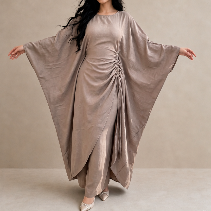 Cinchara – Ruched Waist Batwing Kaftan Two-Piece Set