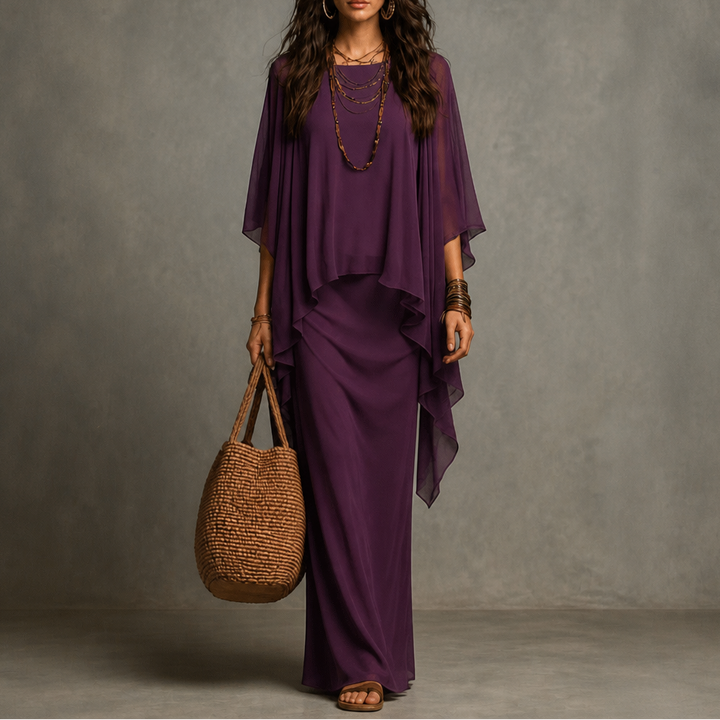 Draperie – Cape Sleeve Asymmetric Hem Maxi Dress