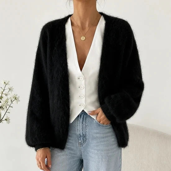 Veluna – Brushed Mohair-Wool-Look Open-Front Cardigan