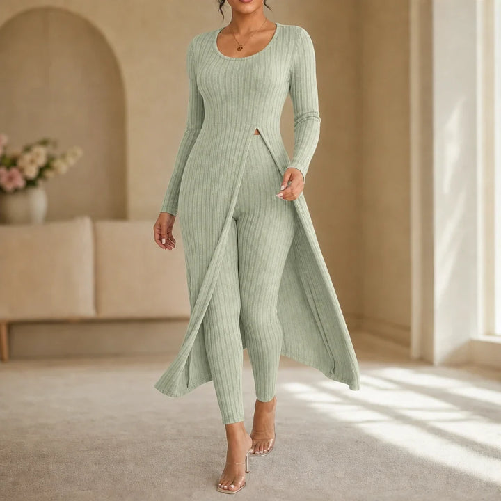 Ribella – Ribbed Side-Slit Tunic And Slim-Fit Pants Set