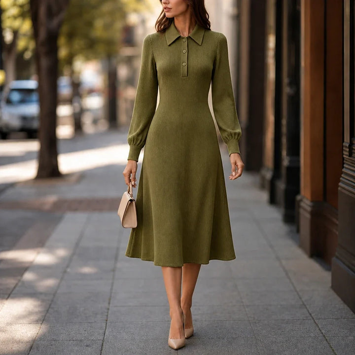 Lapella – Ribbed Knit Lapel Collar Midi Dress
