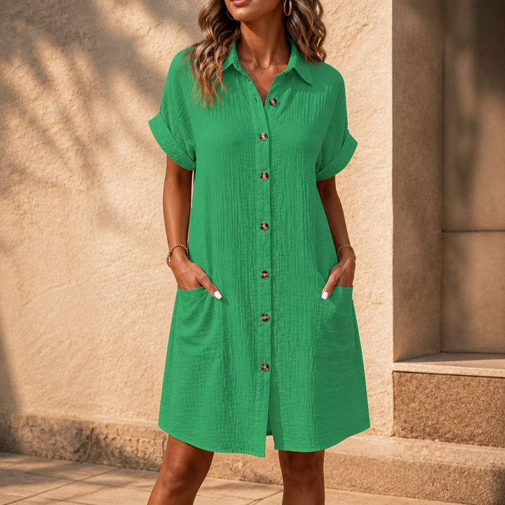 Daywear – Buttoned Short Sleeve Pocket Shirt Dress