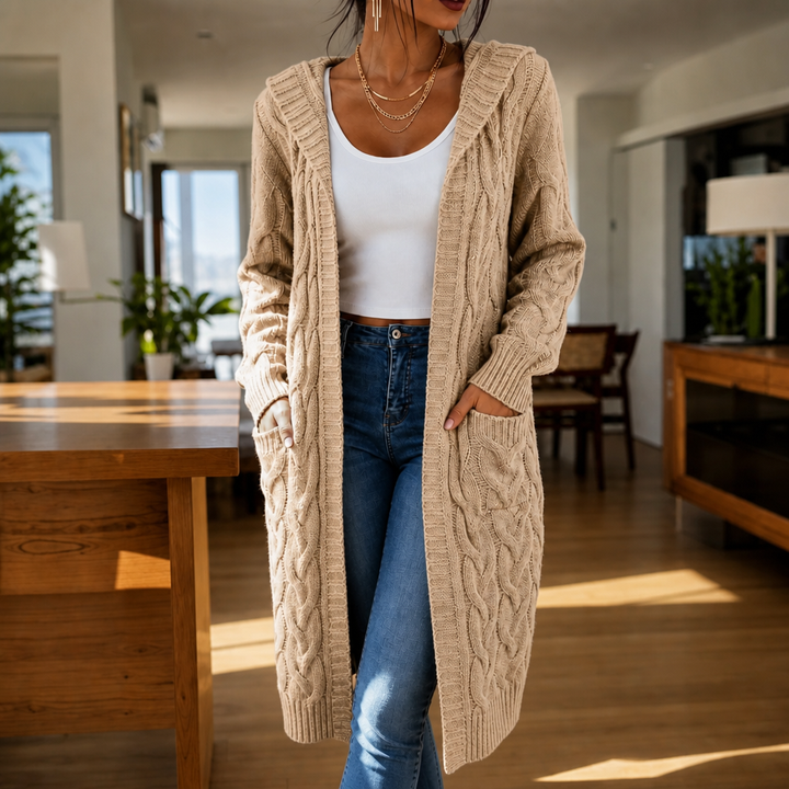 Wrapetta – Hooded Longline Cable-Knit Cardigan