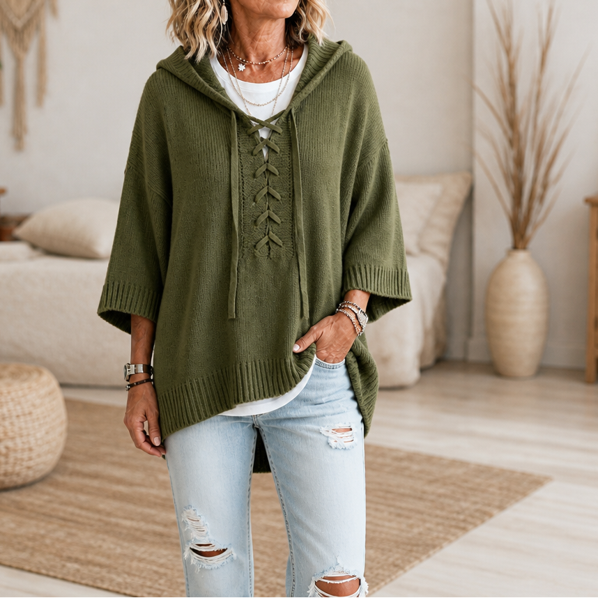 Lunarknit – Lace-Up Deep V Hooded Knit Pullover