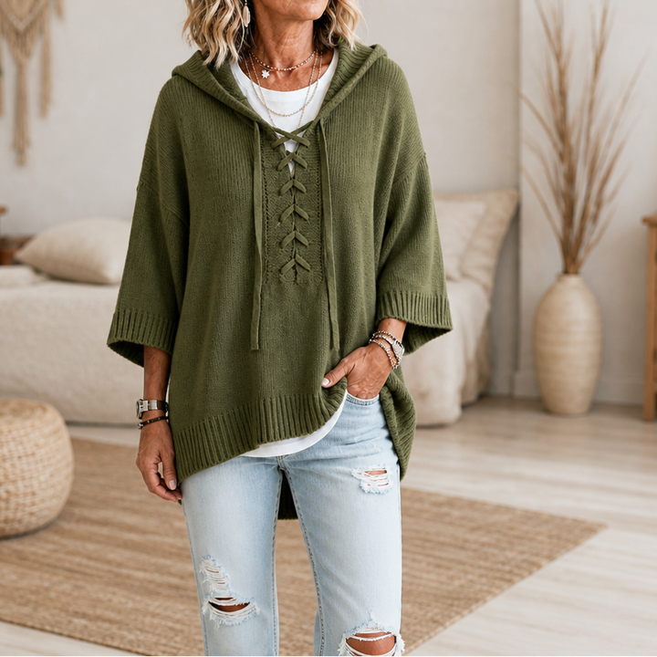 Lunarknit – Lace-Up Deep V Hooded Knit Pullover