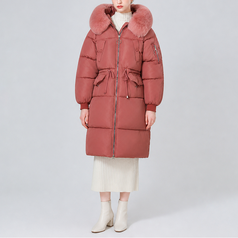 Veluna – Plush Hood Trim Mid-Long Padded Winter Coat