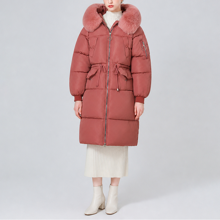 Veluna – Plush Hood Trim Mid-Long Padded Winter Coat