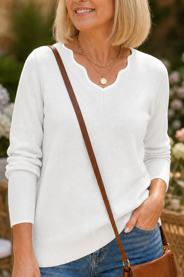 Wearbella – Wavy-Trim V-Neck Knit Top