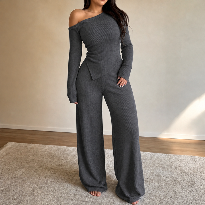 Wearbella – Off-Shoulder Ribbed Knit Top And Wide-Leg Pants Set