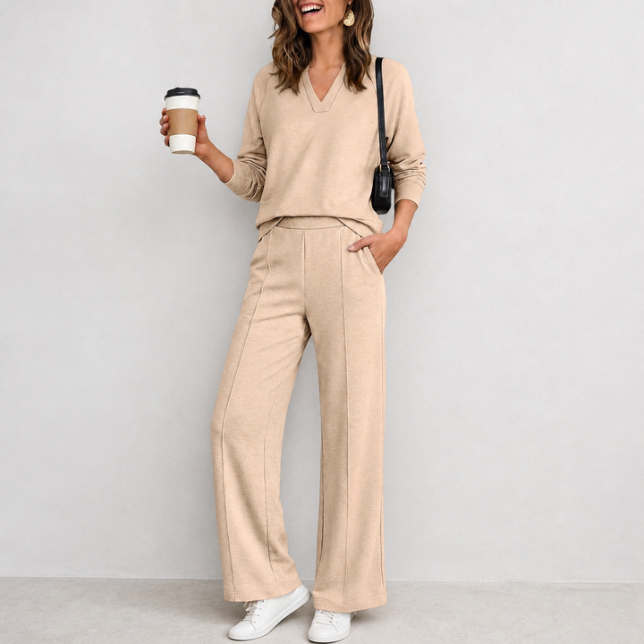 Wearbella – V-Neck Knit Top And Wide-Leg Pants Set