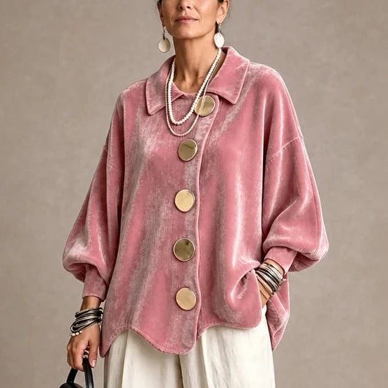 Velvara – Gold Button Velvet-Look Blouse