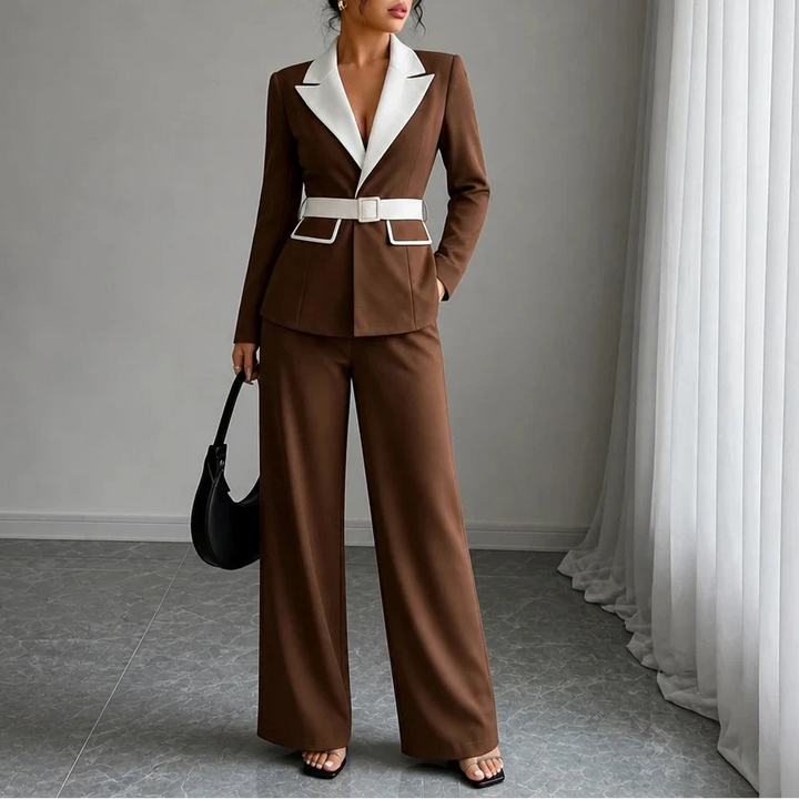 Vivia – Contrast-Lapel Belted Wide-Leg Pantsuit