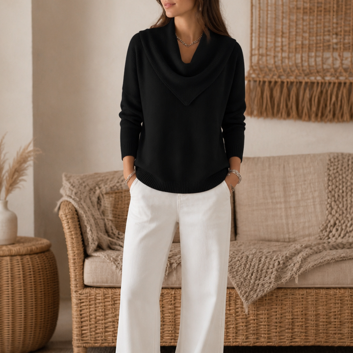 Collarvie – Draped Open-Collar Cowl Neck Sweater