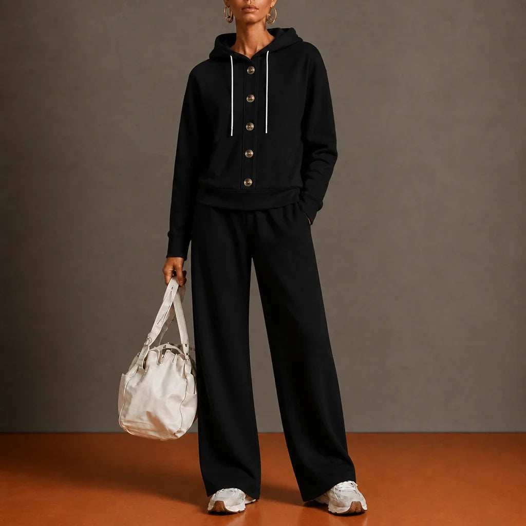 French Terry Button-Front Hoodie And Wide-Leg Sweatpants Set