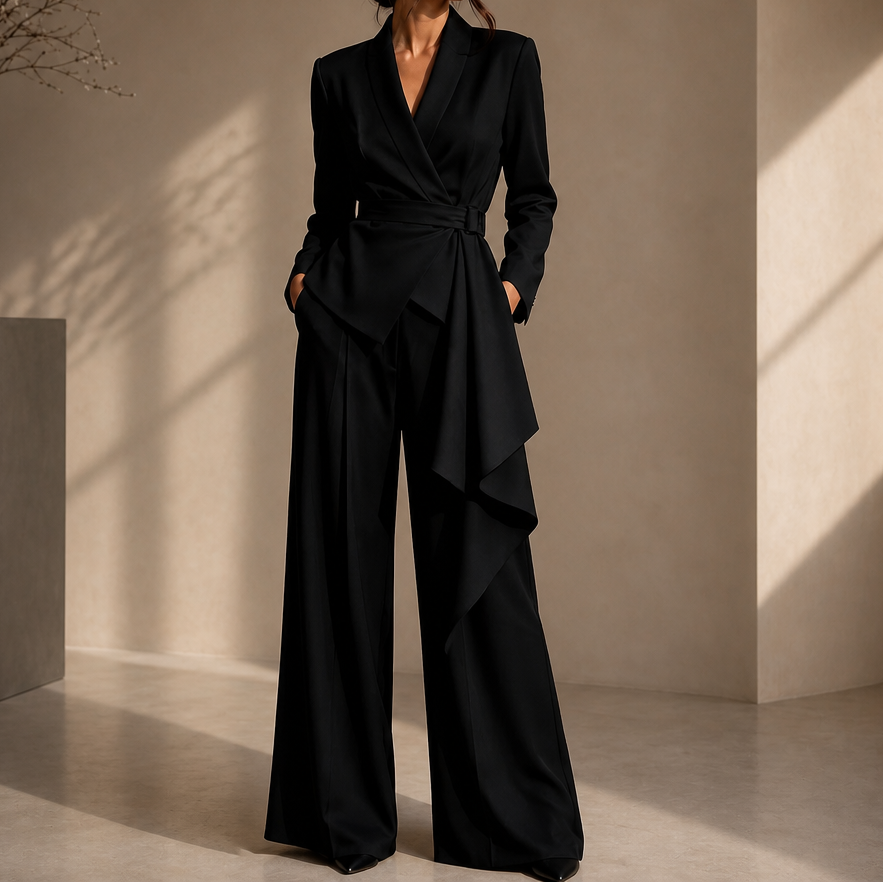 Drapevera – Buckle-Belted Wrap Blazer And Wide-Leg Trouser Set