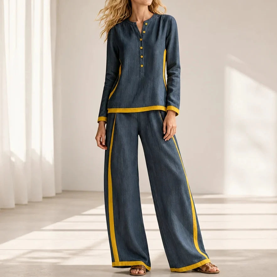 Modaform – Color-Block Long-Sleeve Top And Wide-Leg Pants Set