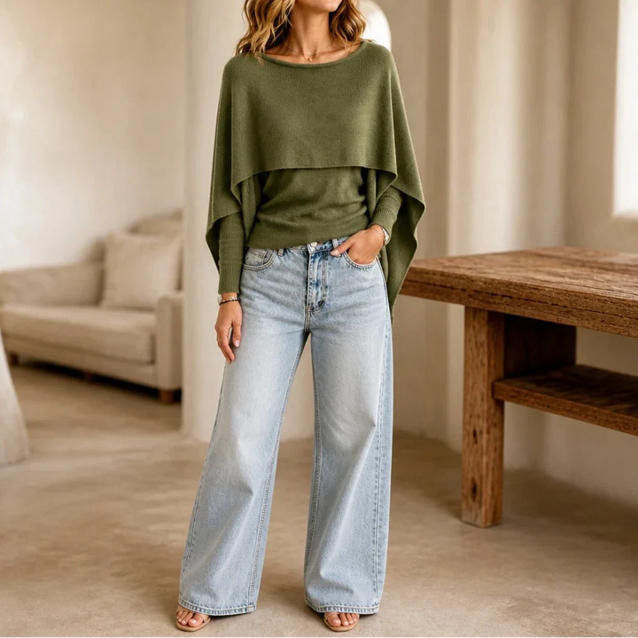 Druni Chic – Layered Cape-Shoulder Knit Top