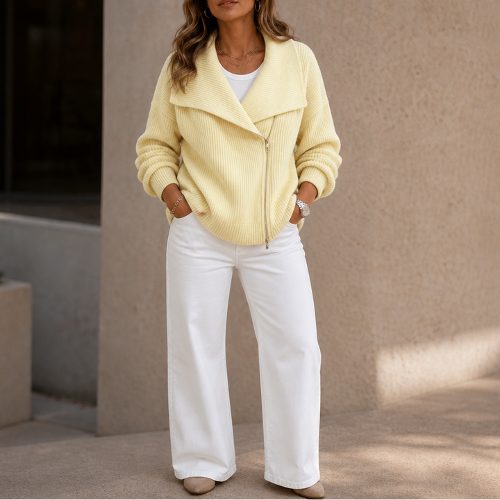Wearbella – Diagonal Zip Oversized Collar Ribbed Knit Jacket