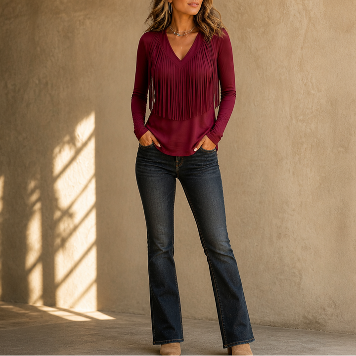 Vela Fringe – Quilted V-Neck Cascading Fringe Top