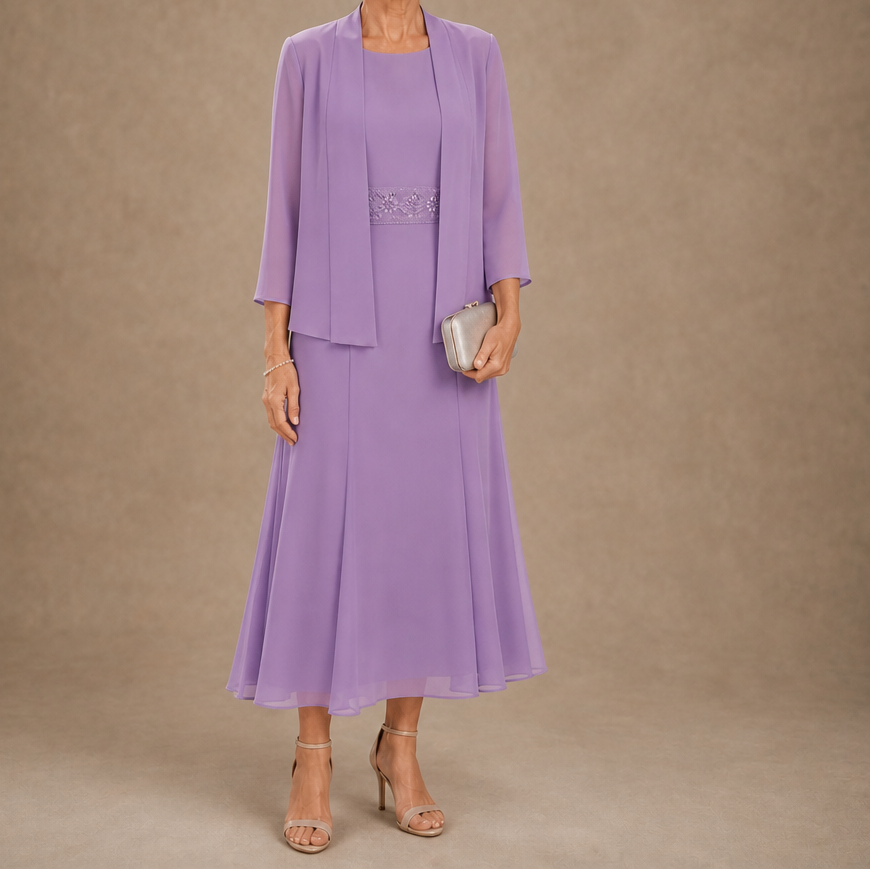 Elowen – Sleeveless Beaded-Waist Chiffon Dress With Jacket