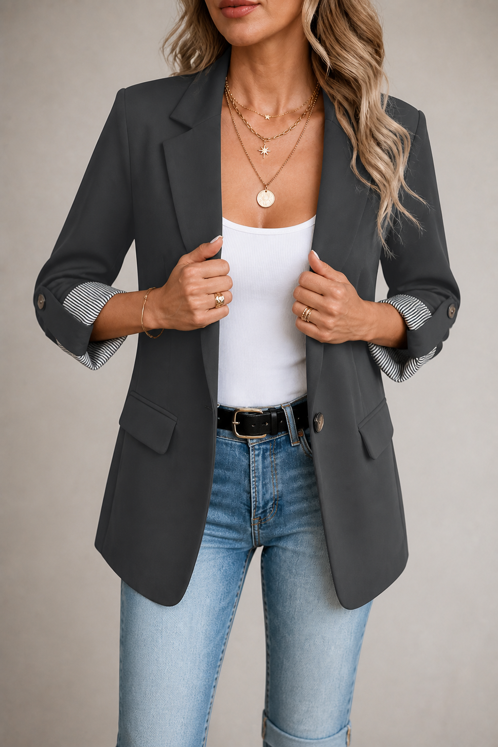 Cuffley – Striped-Cuff Roll-Sleeve Tailored Blazer