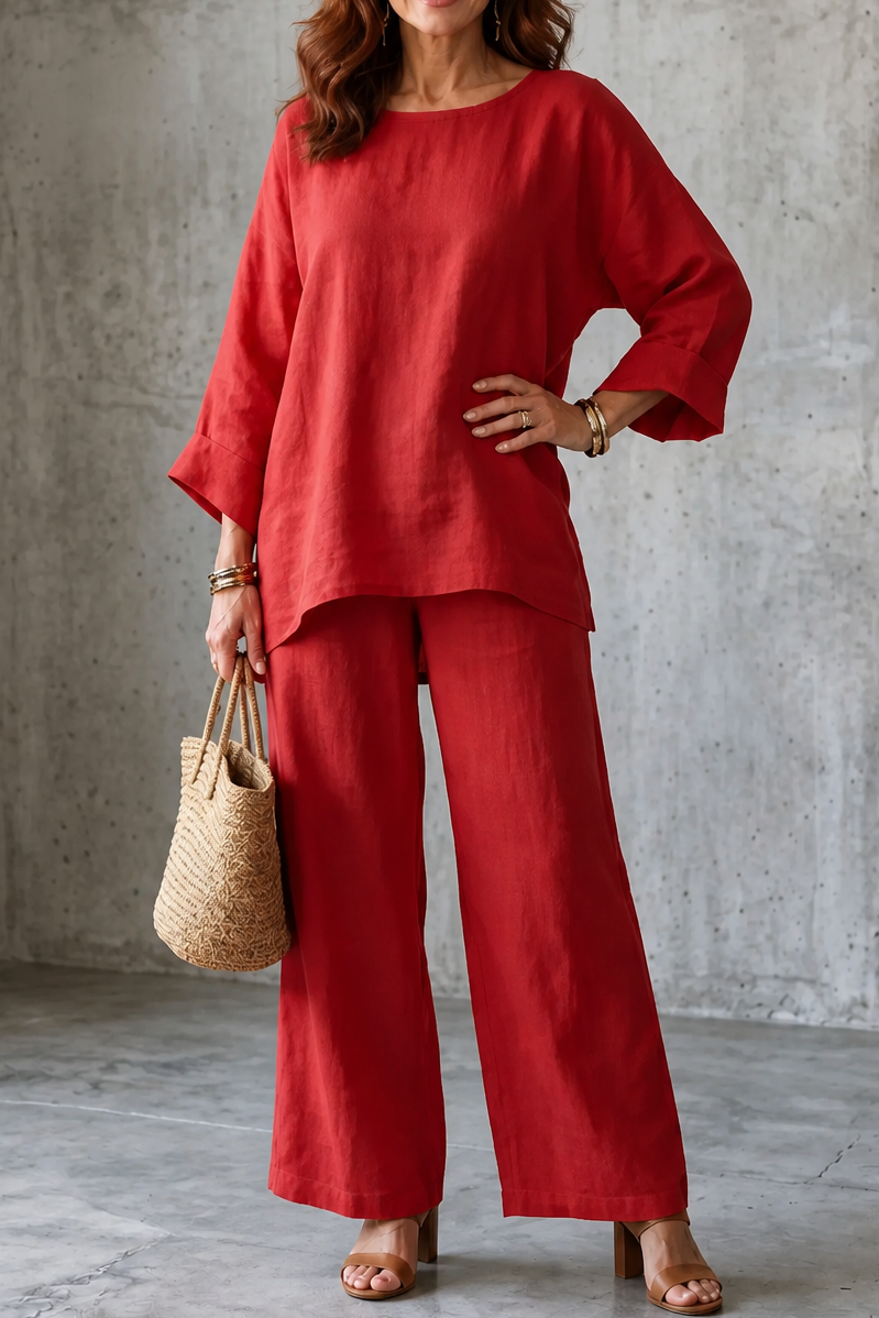 Wearlette – Linen-Look Wide-Leg Two-Piece Set