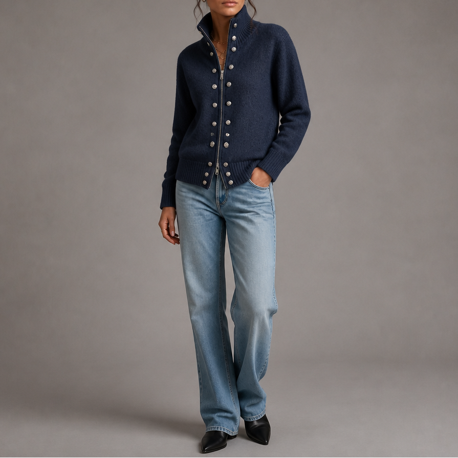 Wearvale – Two-Way Zip High-Neck Knit Cardigan