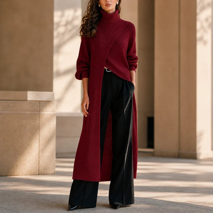 Linevera – Pit-Stripe Ribbed Asymmetric Turtleneck Top