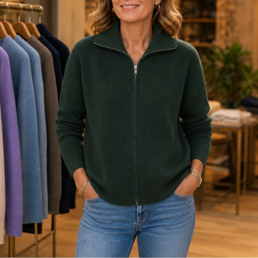 Ribbella – Ribbed Knit Full-Zip Collared Cardigan