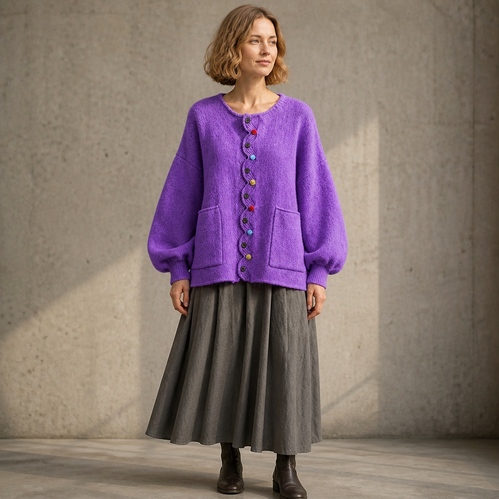 Wavelyn – Wavy Placket Lantern Sleeve Cardigan
