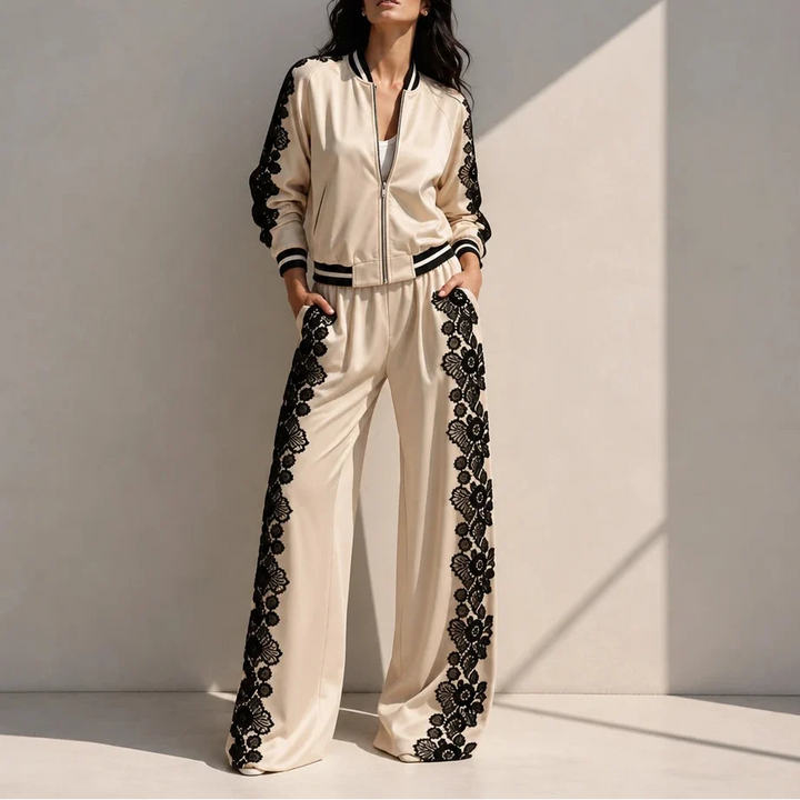 Lace & Leisure – Floral Lace Panel Track Jacket And Wide-Leg Pants Set
