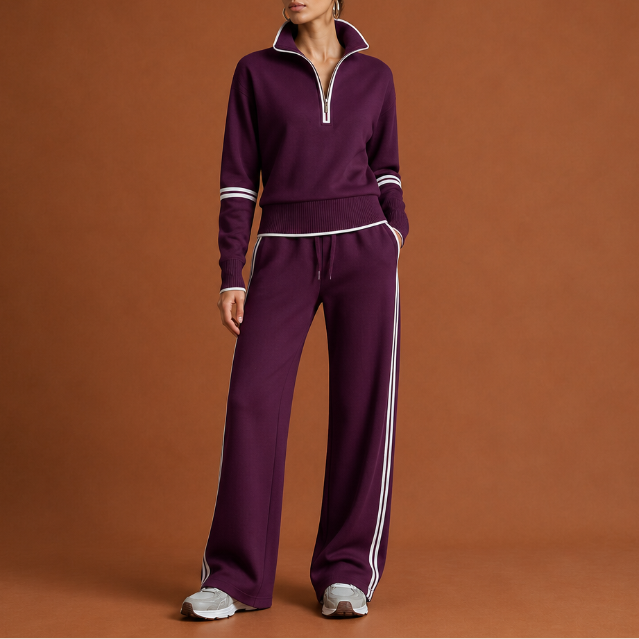 Wearbella – Striped Half-Zip Wide-Leg Lounge Set