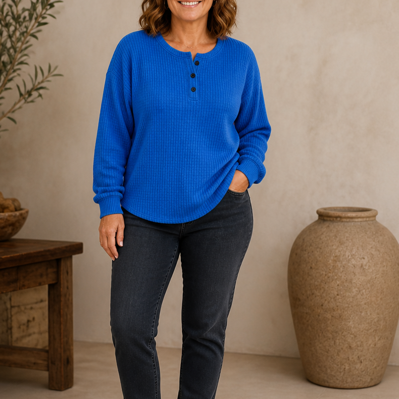 Wearla – Ribbed Waffle Knit Henley Top